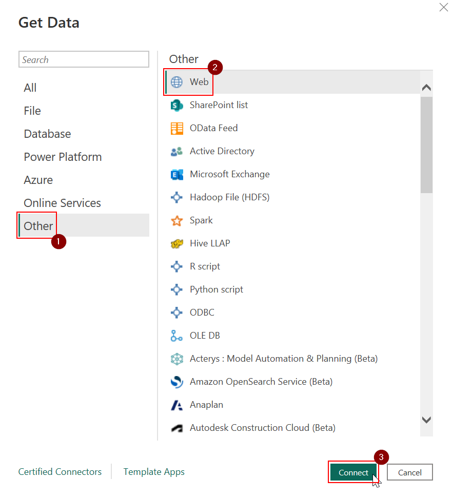Selecting Web in the Power BI connection window