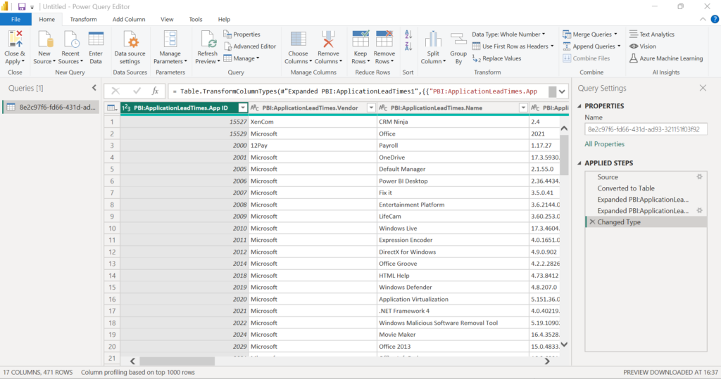 Previewing the ManagementStudio DMR in the Power BI Power Query Editor